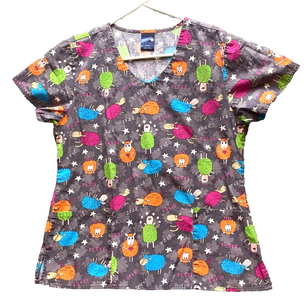 Zoe‎ Chloe Scrub Top Womens Medium Gray AOP Counting Sheep Medical Nurse Shirt